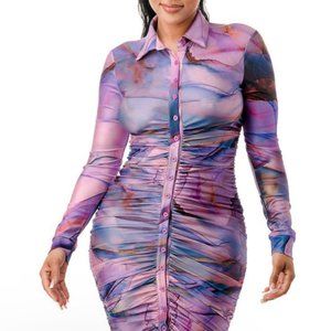 Lavender Purple Collar Button-down Long-sleeve Dress